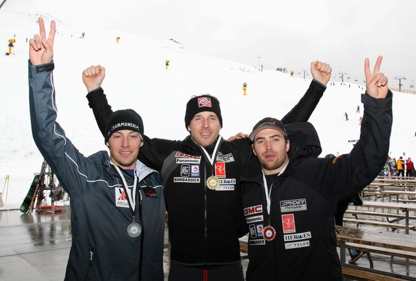 Winners (L-R) David Donaldson (2nd- CAN) Patrick Biggs (1st-CAN) Trevor White (3rd-CAN) for the ANC Slalom Men's FIS race at Coronet